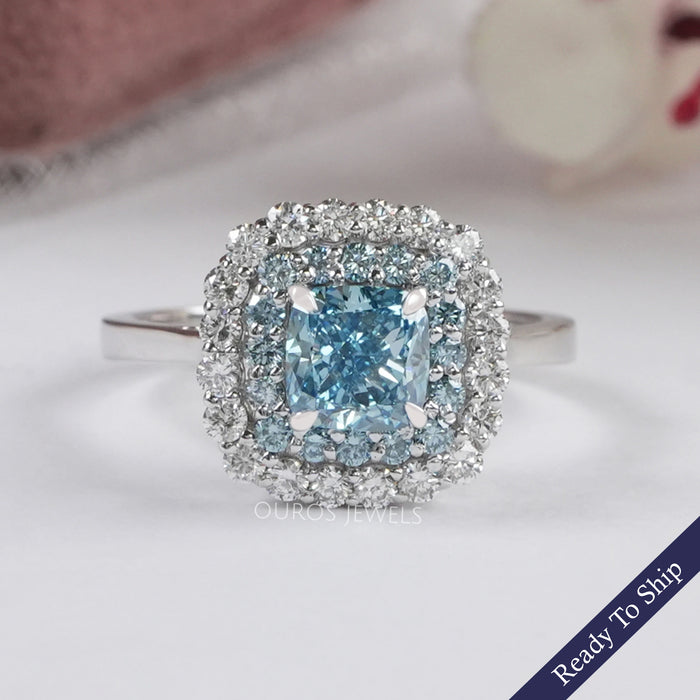 Blue Cushion Cut Lab Diamond Double Halo Ring
