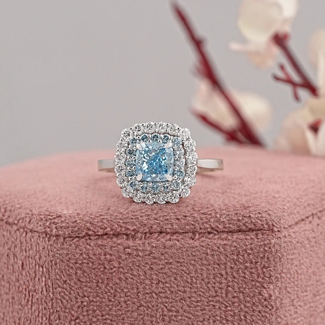 Blue Cushion Cut Lab Diamond Double Halo Ring Ring