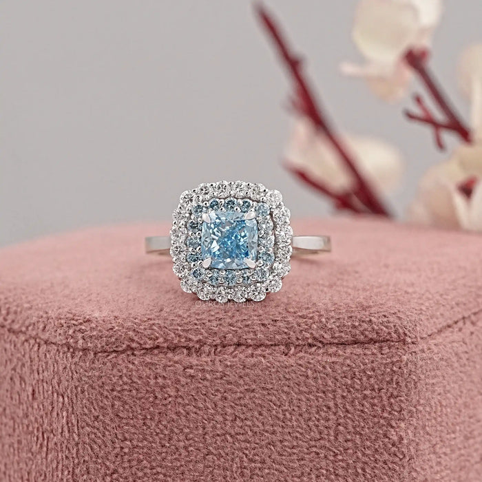 Blue Cushion Cut Lab Diamond Double Halo Ring
