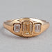 front view of yellow emerald-cut diamond 3 stone bezel set colored engagement ring