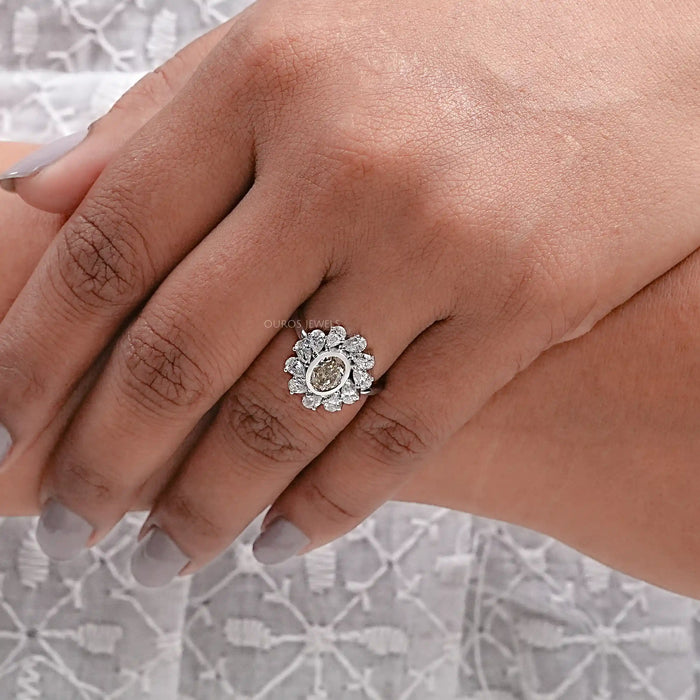 Yellow Oval Cut Bezel Set Lab Diamond Halo Ring