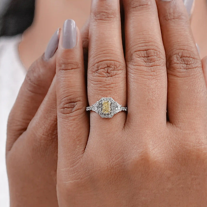 Yellow Radiant Cut Lab Diamond Halo Accent Ring