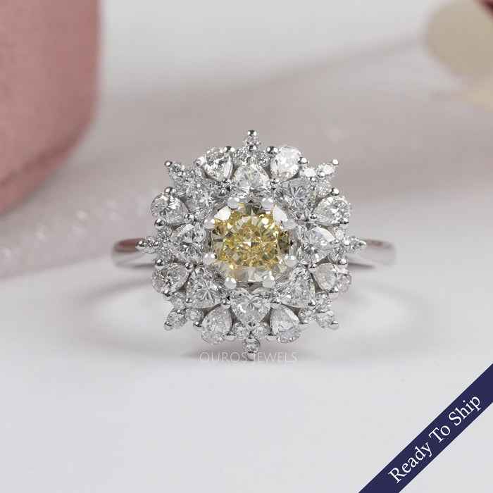 Yellow Cushion Cut Lab Diamond Sunburst Cluster Set Halo Ring