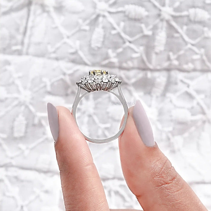 Yellow Cushion Cut Lab Diamond Sunburst Cluster Set Halo Ring