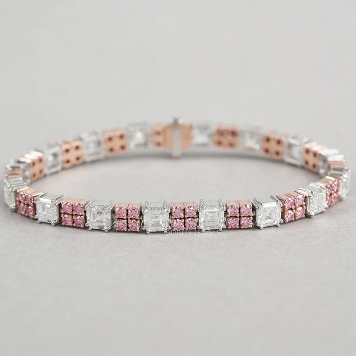 Asscher Cut Pink Round Lab Diamond Tennis Bracelet
