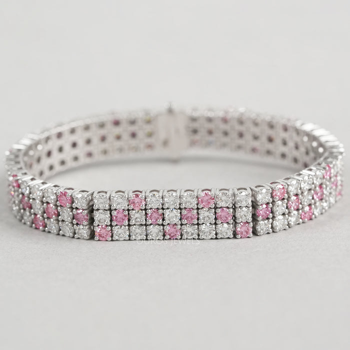 Fancy Pink Round Cut Three Row Lab Diamond Bracelet