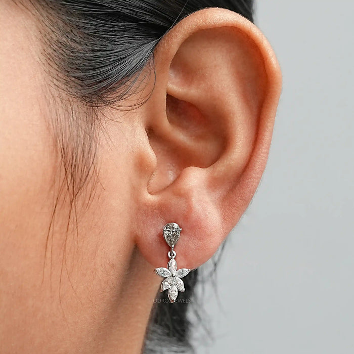 Olive Pear Lab Diamond Floral Drop Earrings