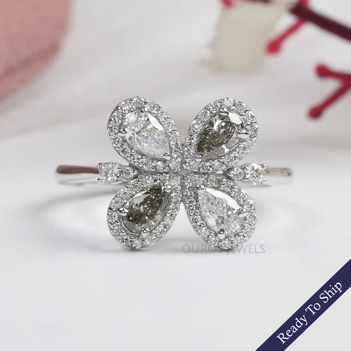 Olive Pear Shape Lab Diamond Floral Style Halo Ring