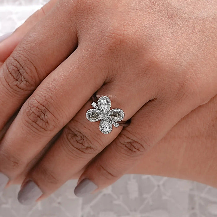 Olive Pear Shape Lab Diamond Floral Style Halo Ring