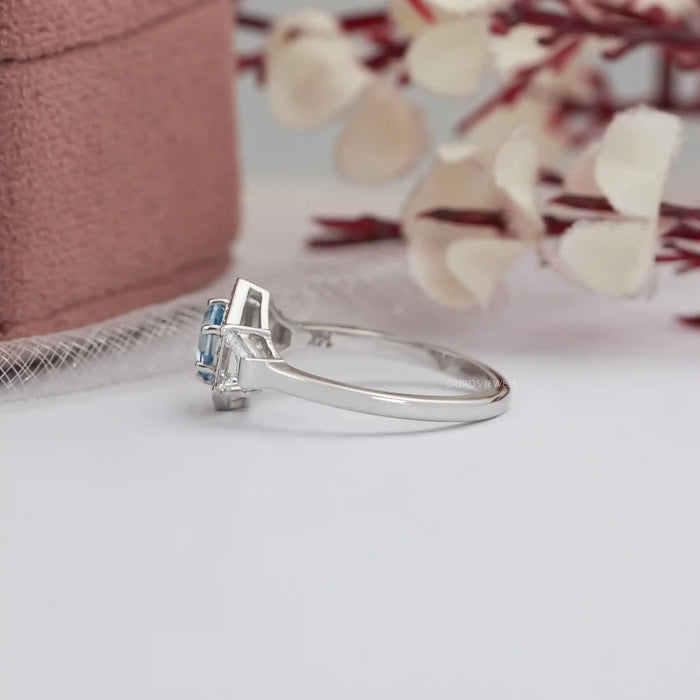 Blue Hexagon Cut Lab Diamond Three Stone Halo Ring