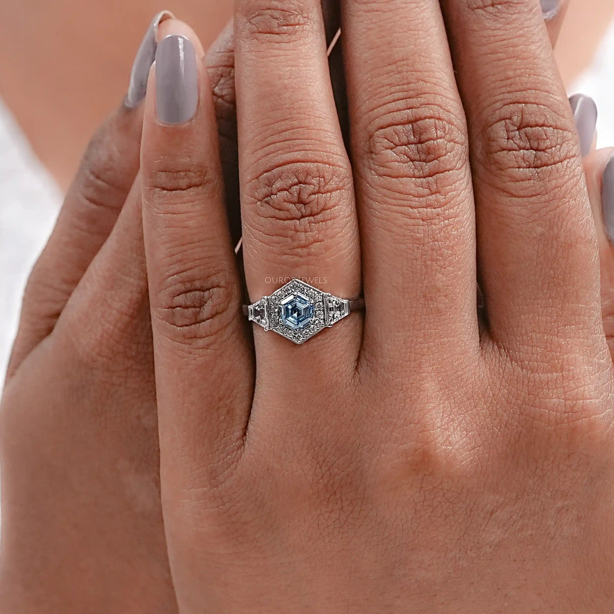 Blue Hexagon Cut Lab Diamond Three Stone Halo Ring Ring