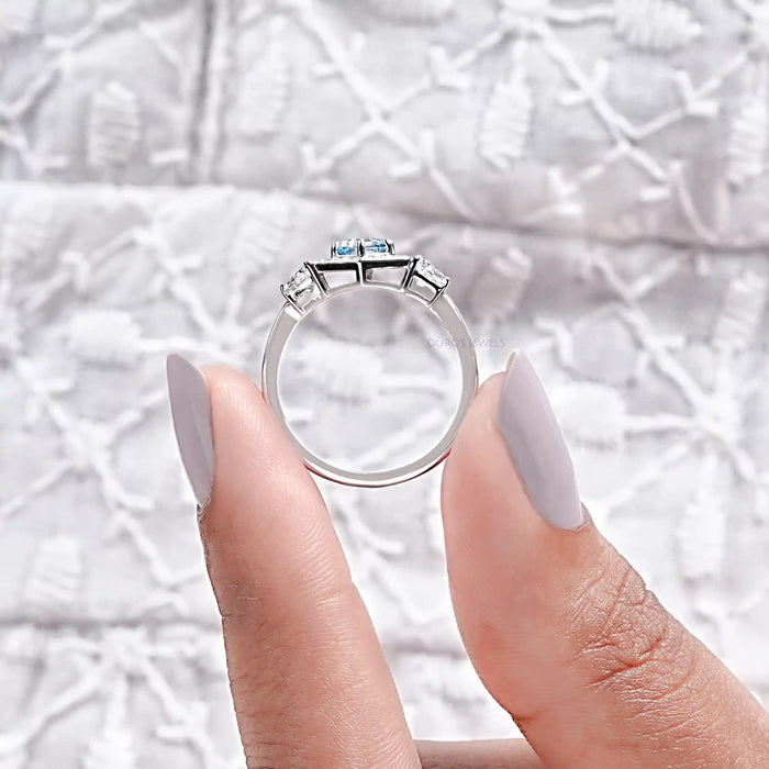 Blue Hexagon Cut Lab Diamond Three Stone Halo Ring