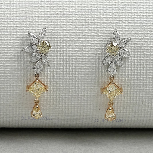 Yellow And White Diamond Floral Drop Earrings Earrings