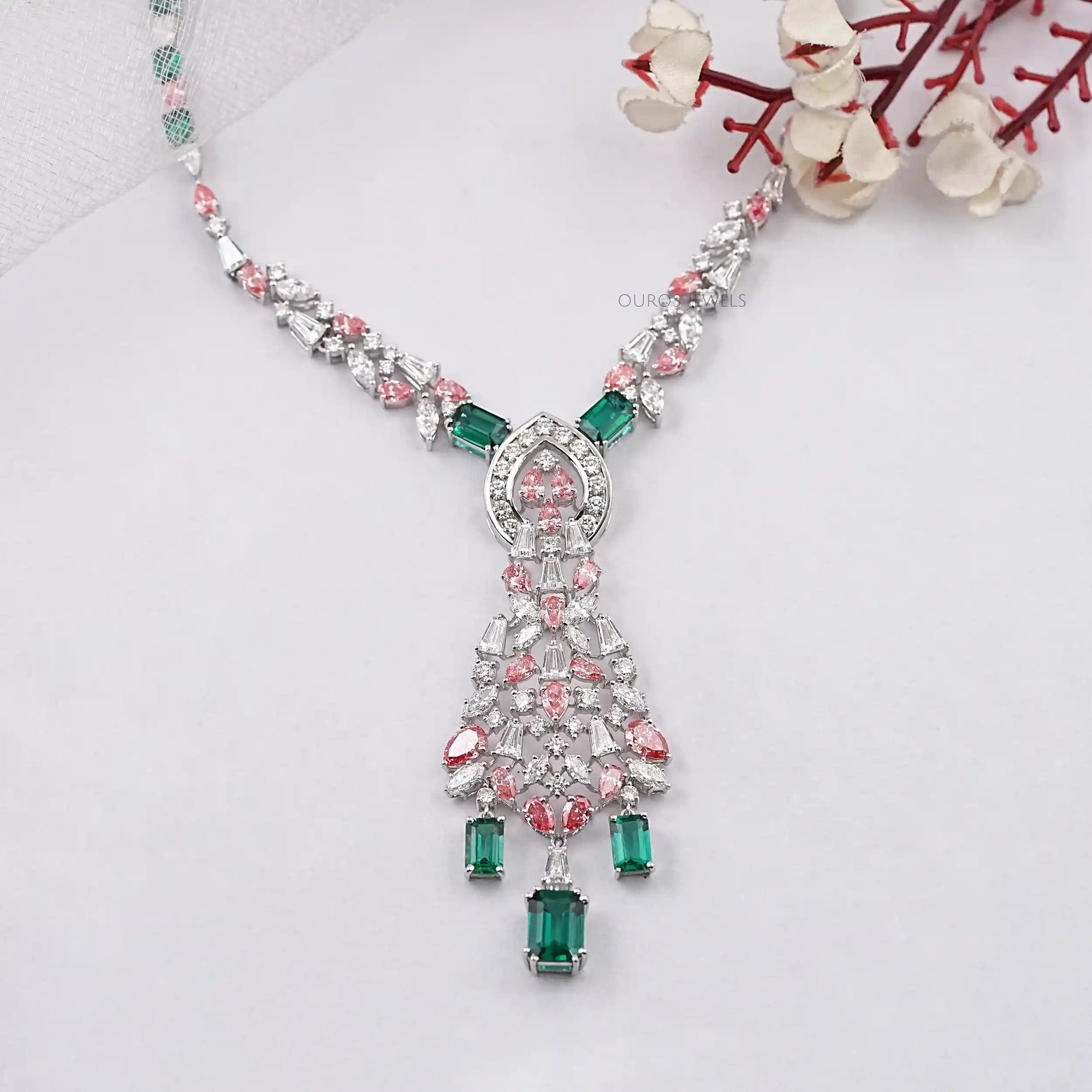 Pink Pear Diamond and Emerald Gemstone Bridal Necklace Necklaces