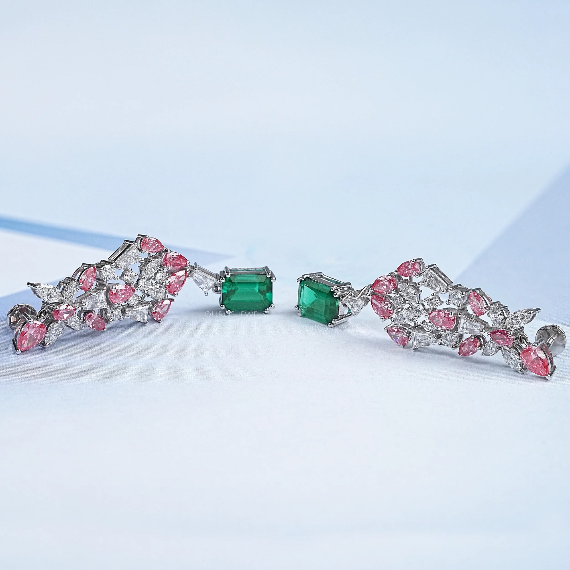 Multi Shape Lab Green Gemstone Cluster Diamond Dangle Earring