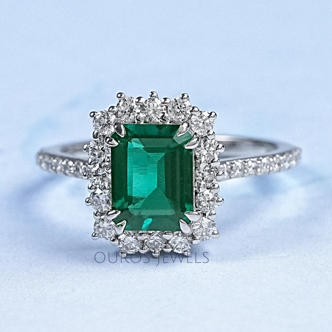 Halo With Accent Diamond Green Emerald Gemstone Ring Rings