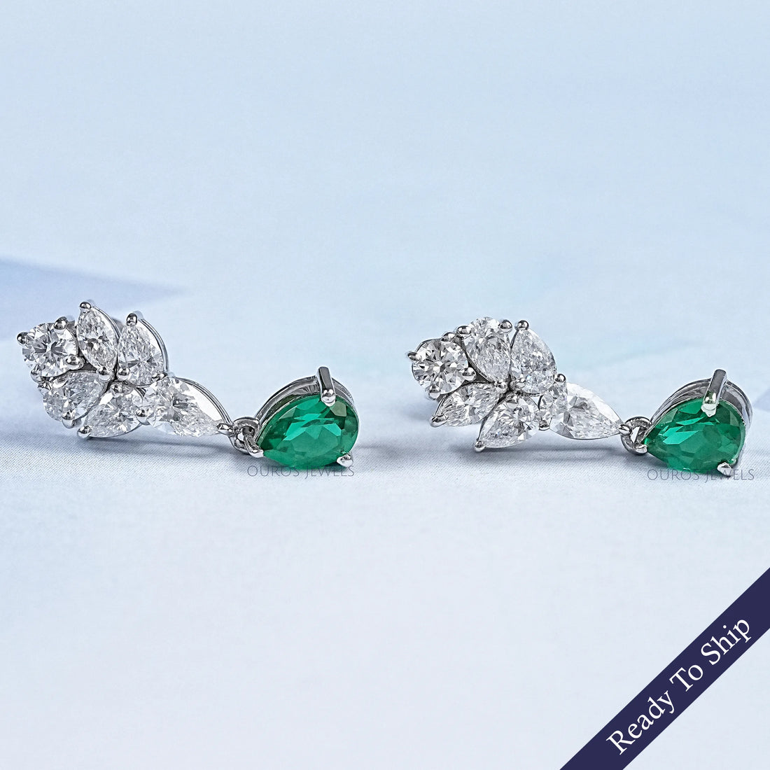Green Emerald And Pear Diamond Cluster Earrings