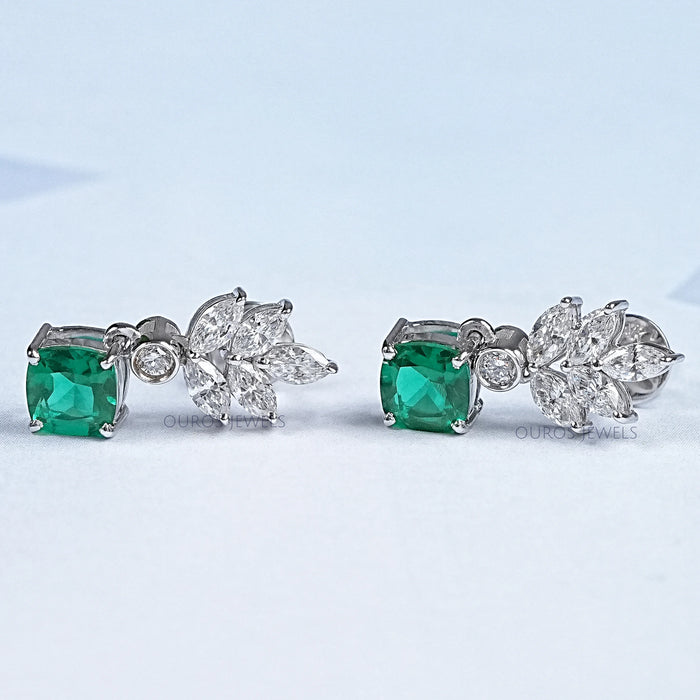 Green Gemstone Cushion And  Marquise  Drop  Earrings