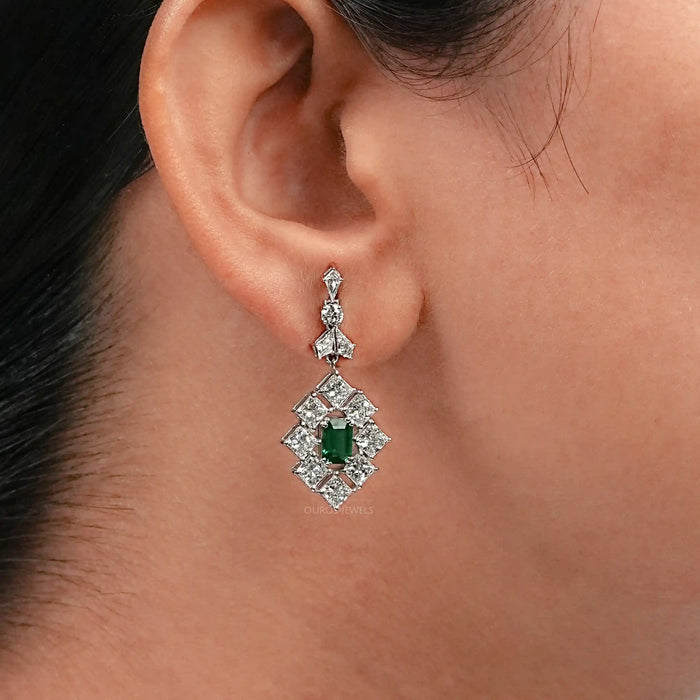 Green Emerald And Princess Diamond Halo Earrings