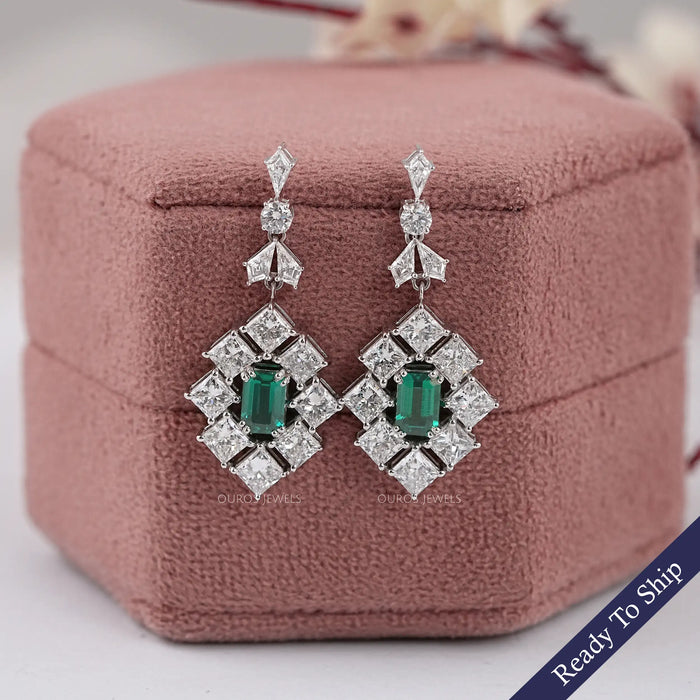 Green Emerald And Princess Diamond Halo Earrings