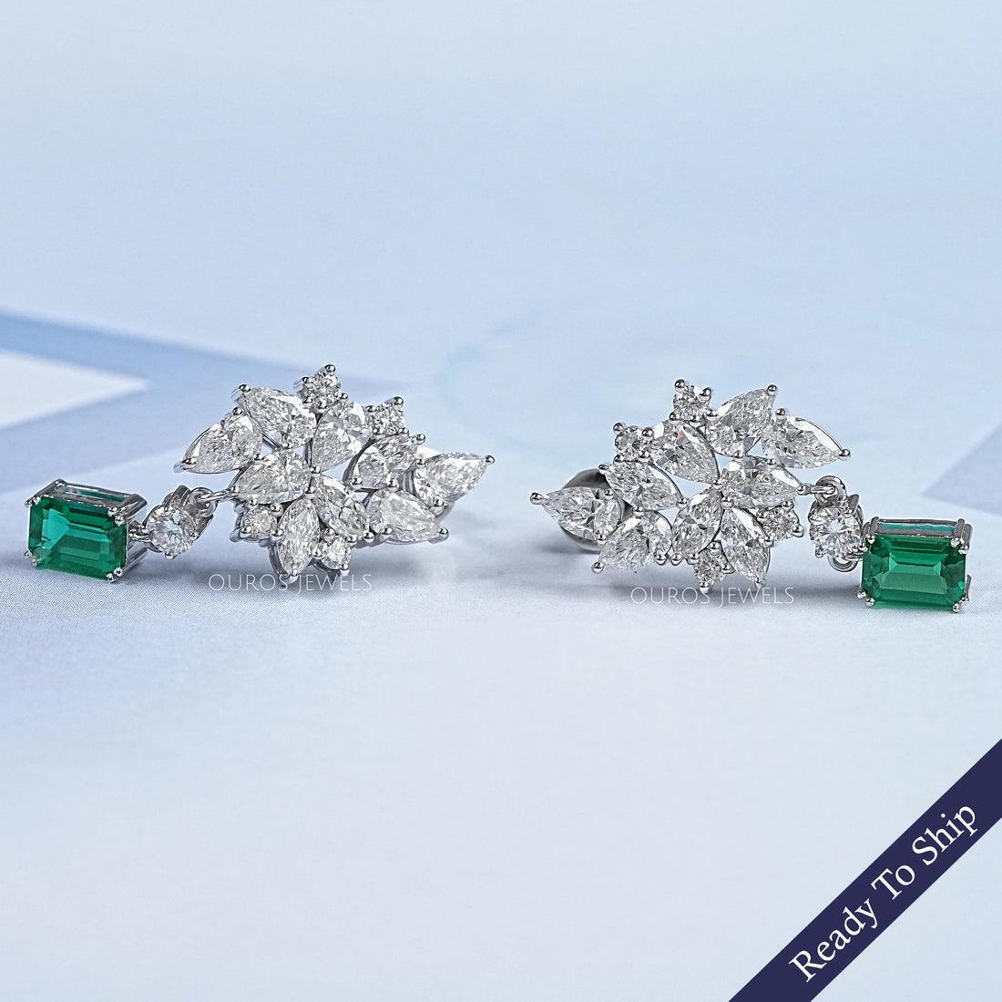 Green Emerald And Lab Diamond Cluster Drop Earrings