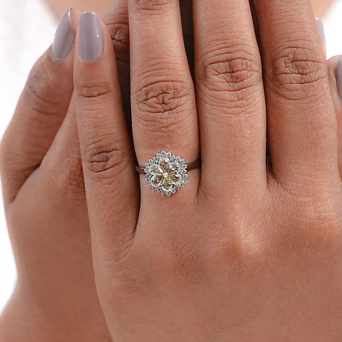 Yellow Pear Cut Lab Diamond Bezel Set Floral Style Halo Ring