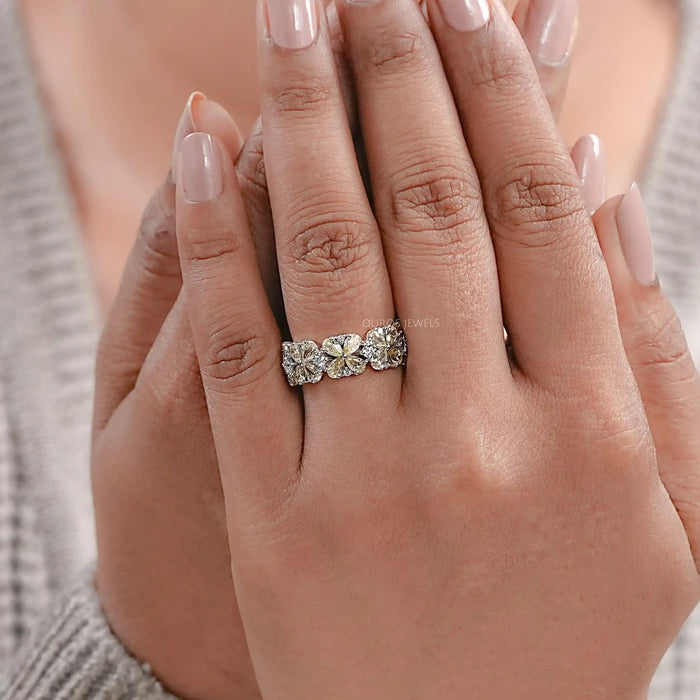 Yellow Pear Shape Floral Style Half Eternity Diamond Band