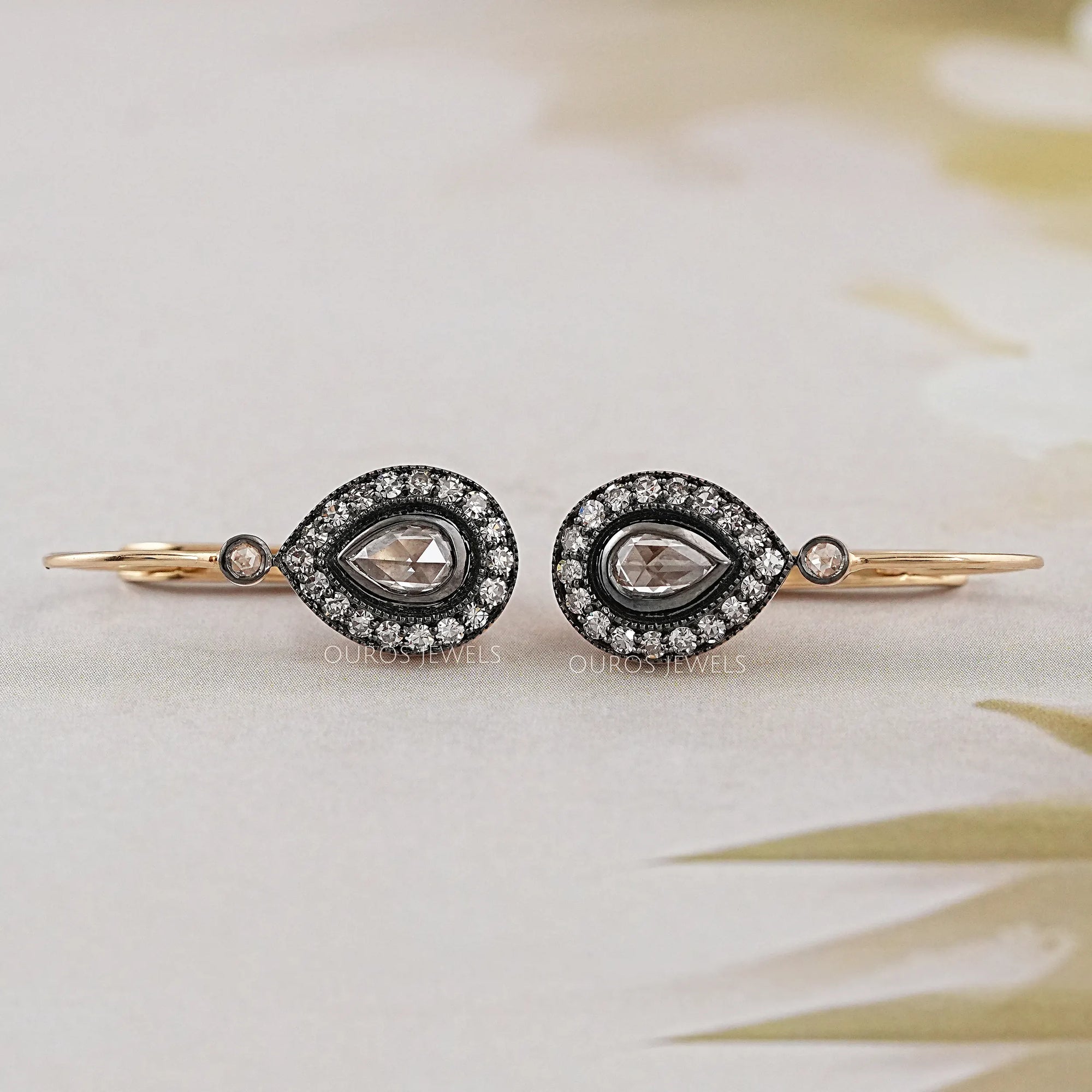 Rose Cut Pear Halo Diamond Dangle Earrings