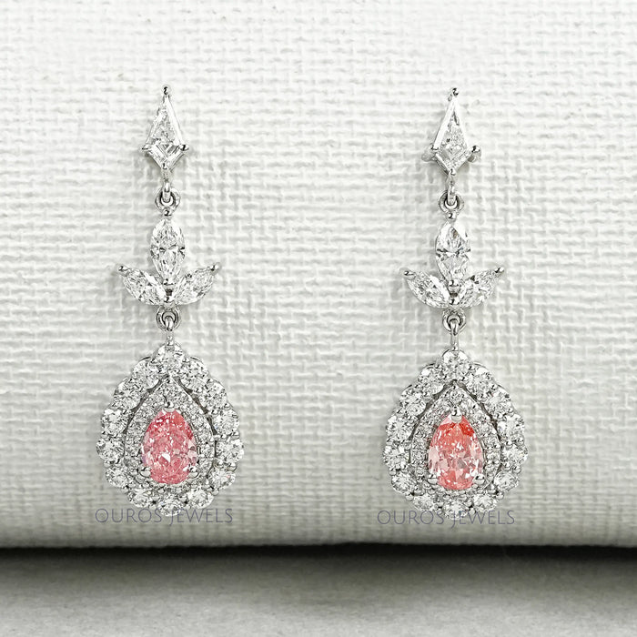 Pink Pear Shape Double Halo Drop Earrings