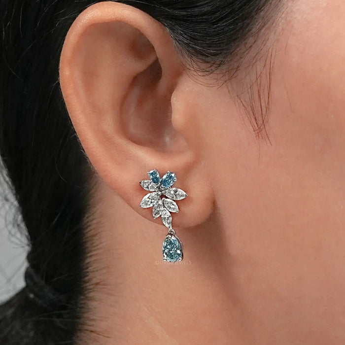 Fancy Blue Pear Diamond Cluster Drop Earrings