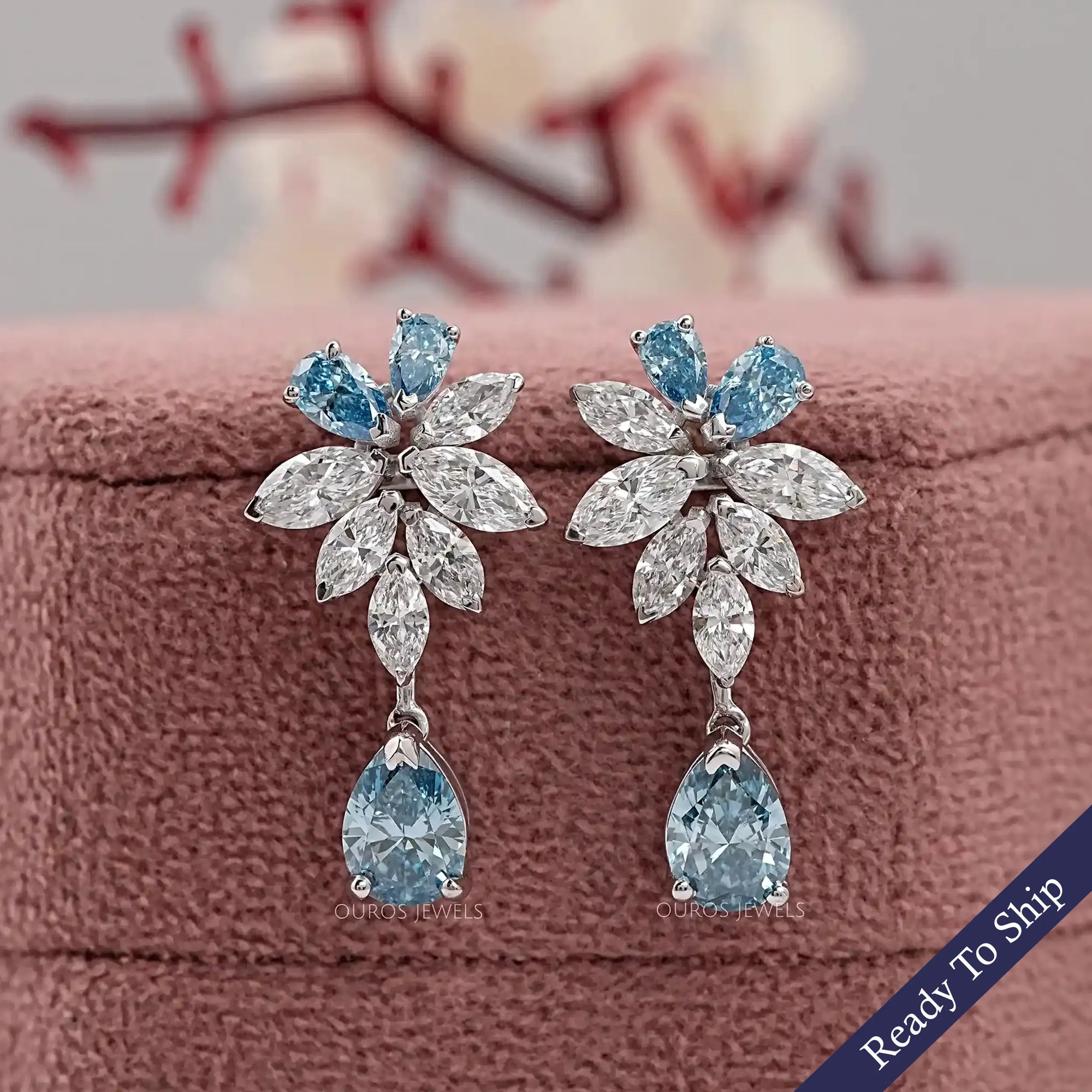 Fancy Blue Pear Diamond Cluster Drop Earrings Earrings