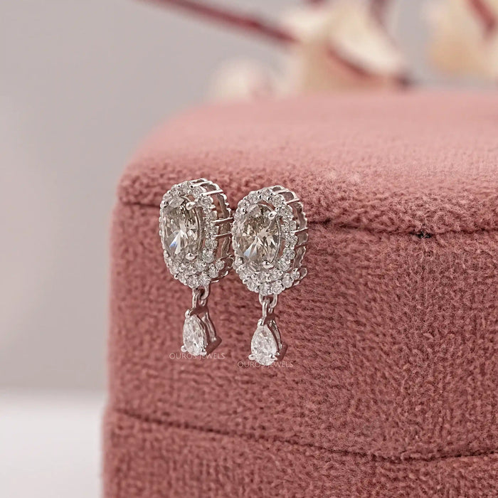 Olive Oval Diamond Halo Drop Earrings