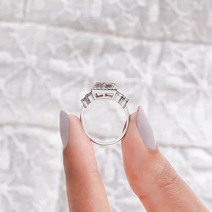 Fancy Brown Baguette Cut Lab Diamond Cluster Set Halo Ring Ring