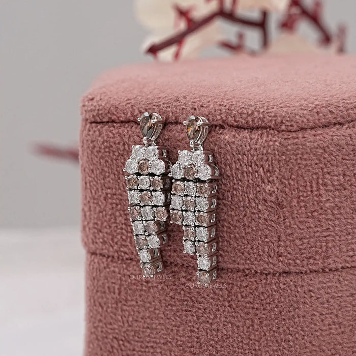 Brown Pear And Round Diamond Dangle Earrings