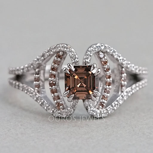 front view of asscher-cut chocolate lab diamond split shank colored engagement ring