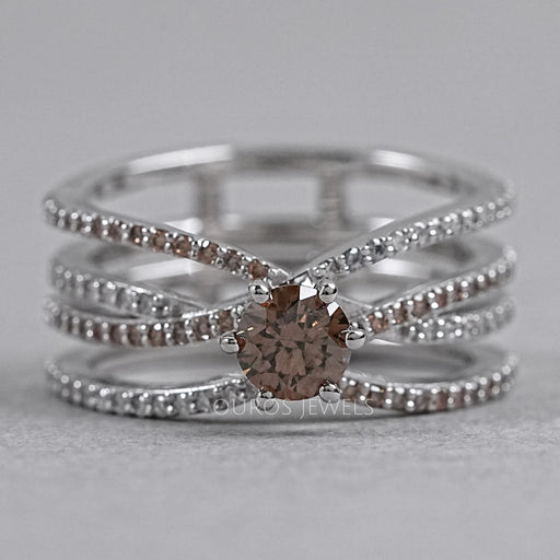 front view of fancy brown lab-grown diamond crossover colored wedding band