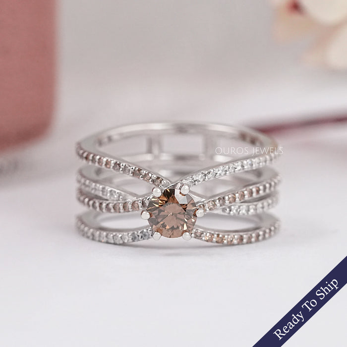 Brown Round Diamond Crossover Wedding Ring