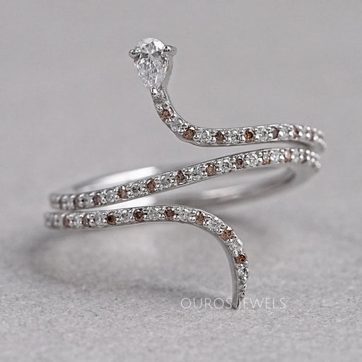 front view of round-cut brown lab diamond colored snake ring for engagement