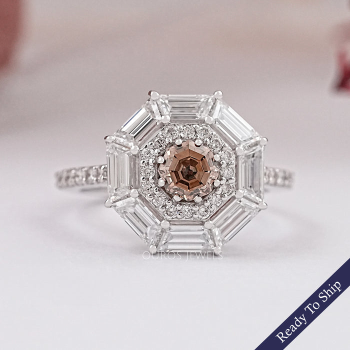 Fancy Brown Octagon Cut Lab Diamond Double Halo Ring