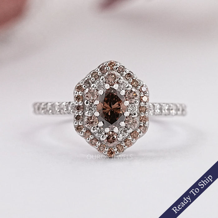 Fancy Brown Oval Cut Lab Diamond Double Halo Ring