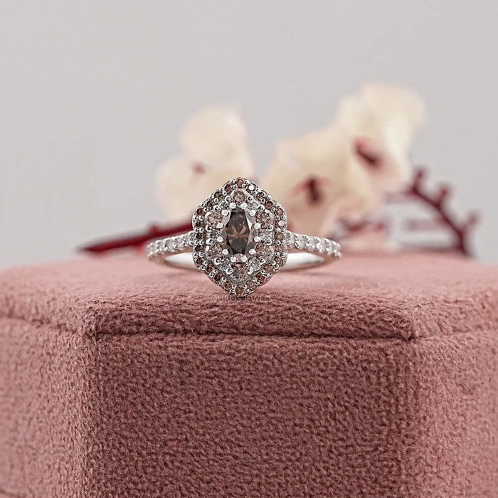 Fancy Brown Oval Cut Lab Diamond Double Halo Ring