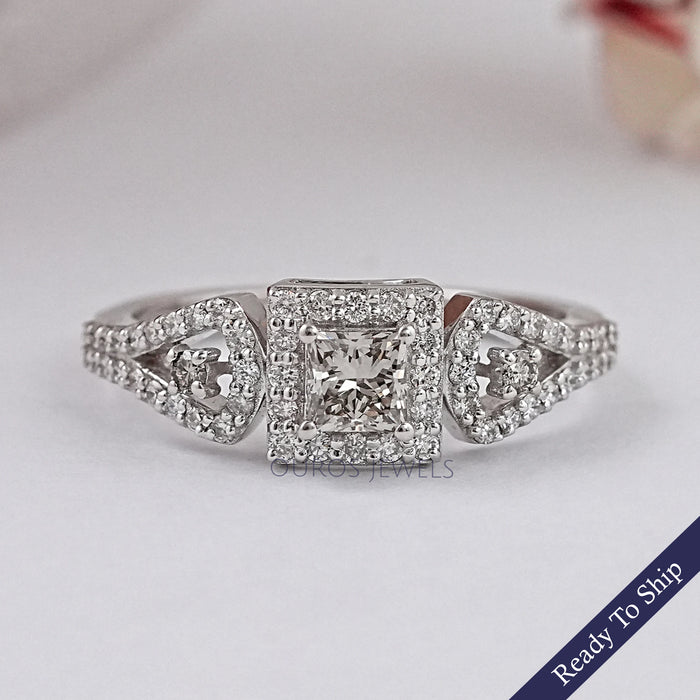 Olive Princess Cut Lab Diamond Three Stone Halo Ring