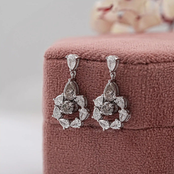 Olive Pear Diamond And Round Halo Drop Earrings