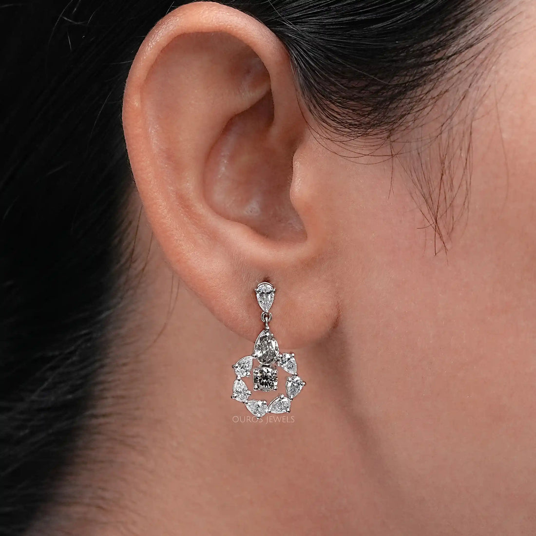 Olive Pear Diamond And Round Halo Drop Earrings Earrings