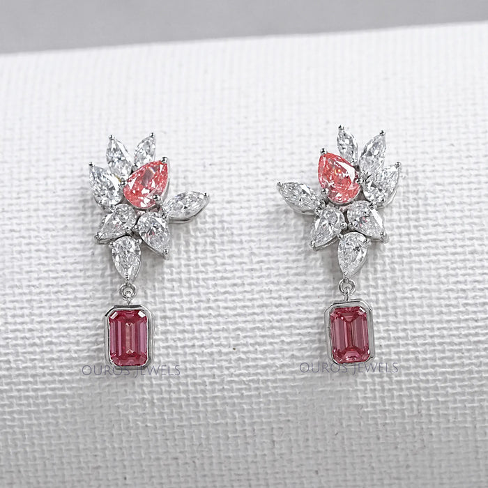 Cluster Drop Earrings With Pink & White Diamonds
