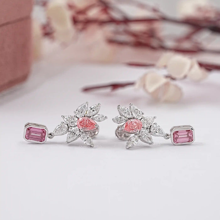 Pink Emerald And Pear Diamond Cluster Drop Earrings