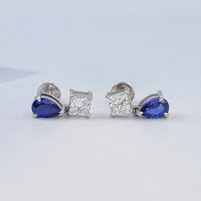 Pear Sapphire And Princess Diamond Two Stone Earrings