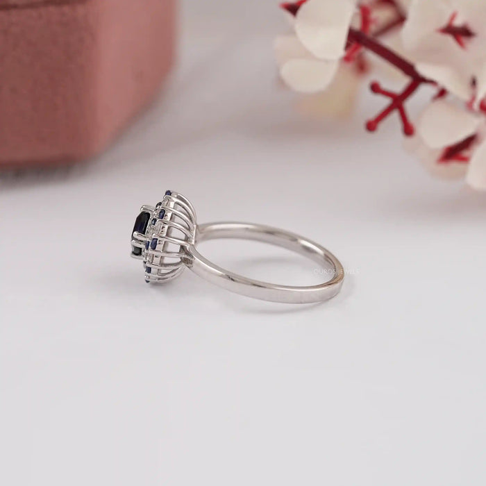 Blue Cushion Cut Lab Gemstone Double Halo Ring