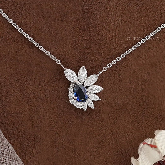 Blue Sapphire And Diamond Floral Cluster Pendant Necklace Necklaces