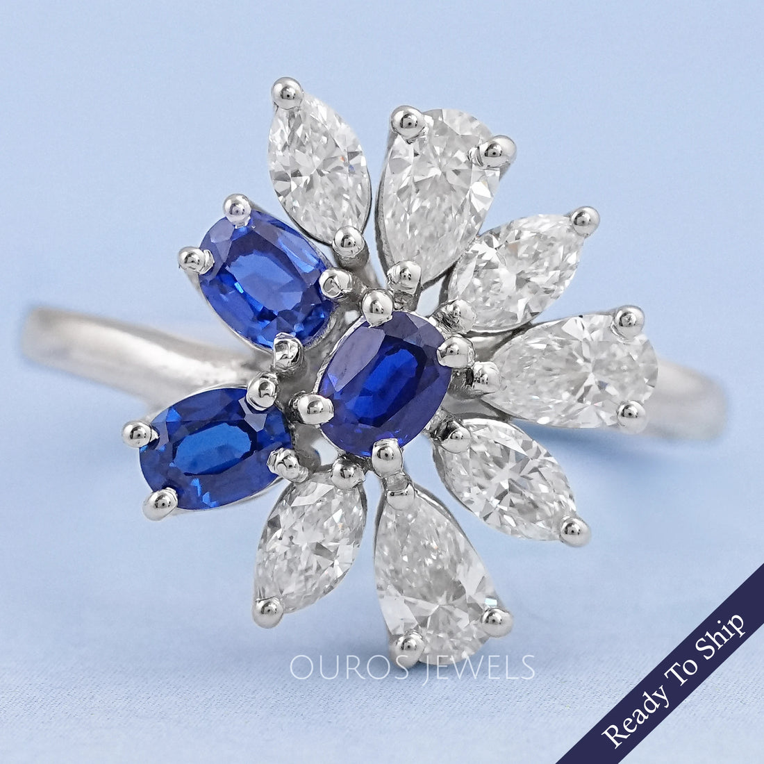 Sapphire Oval Gemstone Cluster Engagement Ring